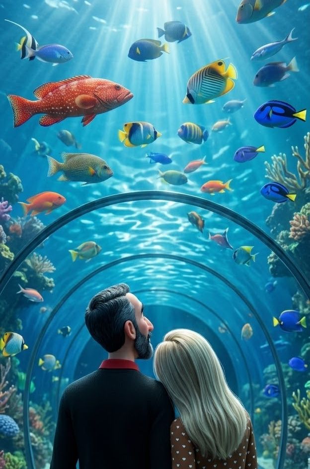 Casal de mãos dadas em um túnel de aquário