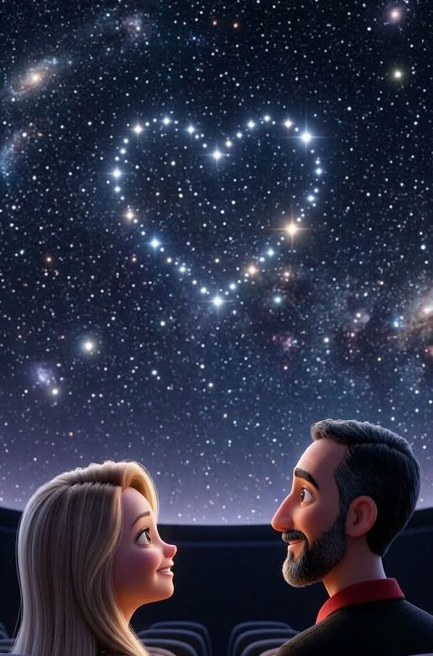 Casal no planetário sob uma constelação de coração